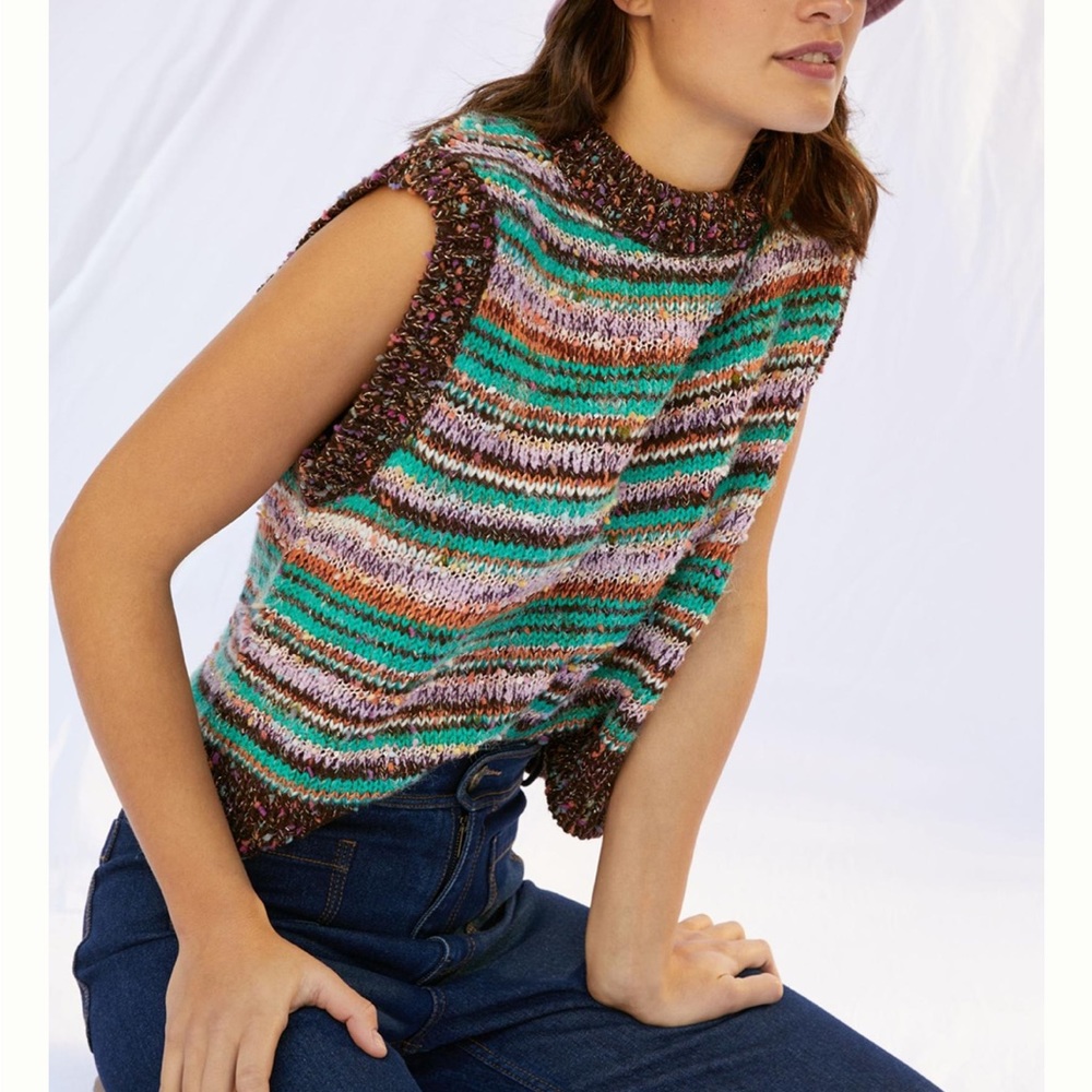 Maeve By Anthropologie Metallic Knit Multicolored Striped Sweater Vest One Size